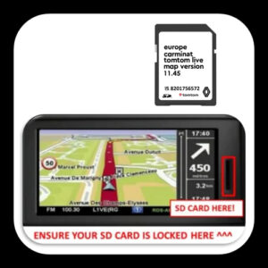 Vauxhall Vivaro Carminat Live TomTom Sat Nav SD Card with 2025 UK & Europe Map Update — compatible with 2011–2015 models, showing SD card and navigation system.