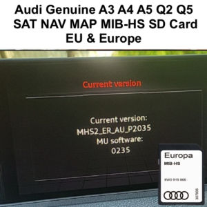 Audi MIB-HS Navigation SD Card with Europe UK maps shown next to Audi navigation software screen