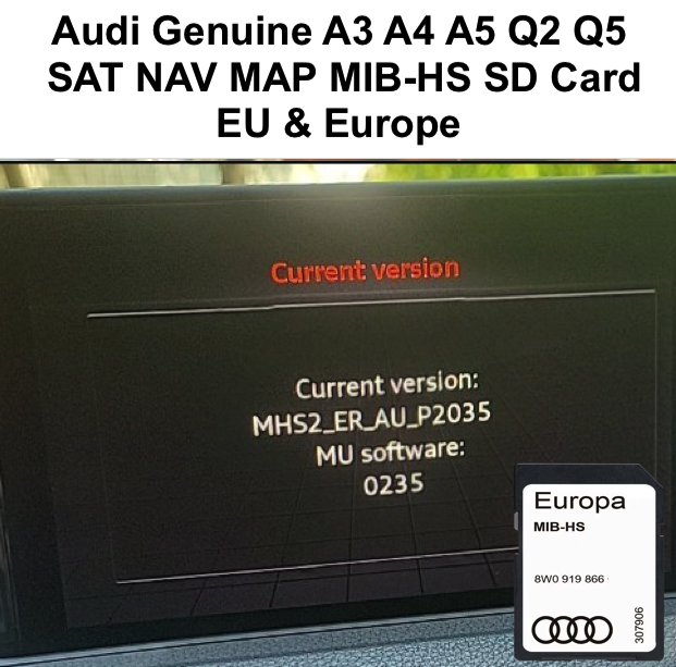 Genuine Audi MIB-HS Navigation SD Card Europe & UK – Premium Sat Nav Map Card for Audi A3 A4 A5 Q2 Q5 (2016-2020) 1 Audi MIB-HS Navigation SD Card with Europe UK maps shown next to Audi navigation software screen